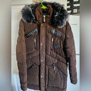 Philipp Plein Brown Puffer Jacket with Fur Hood